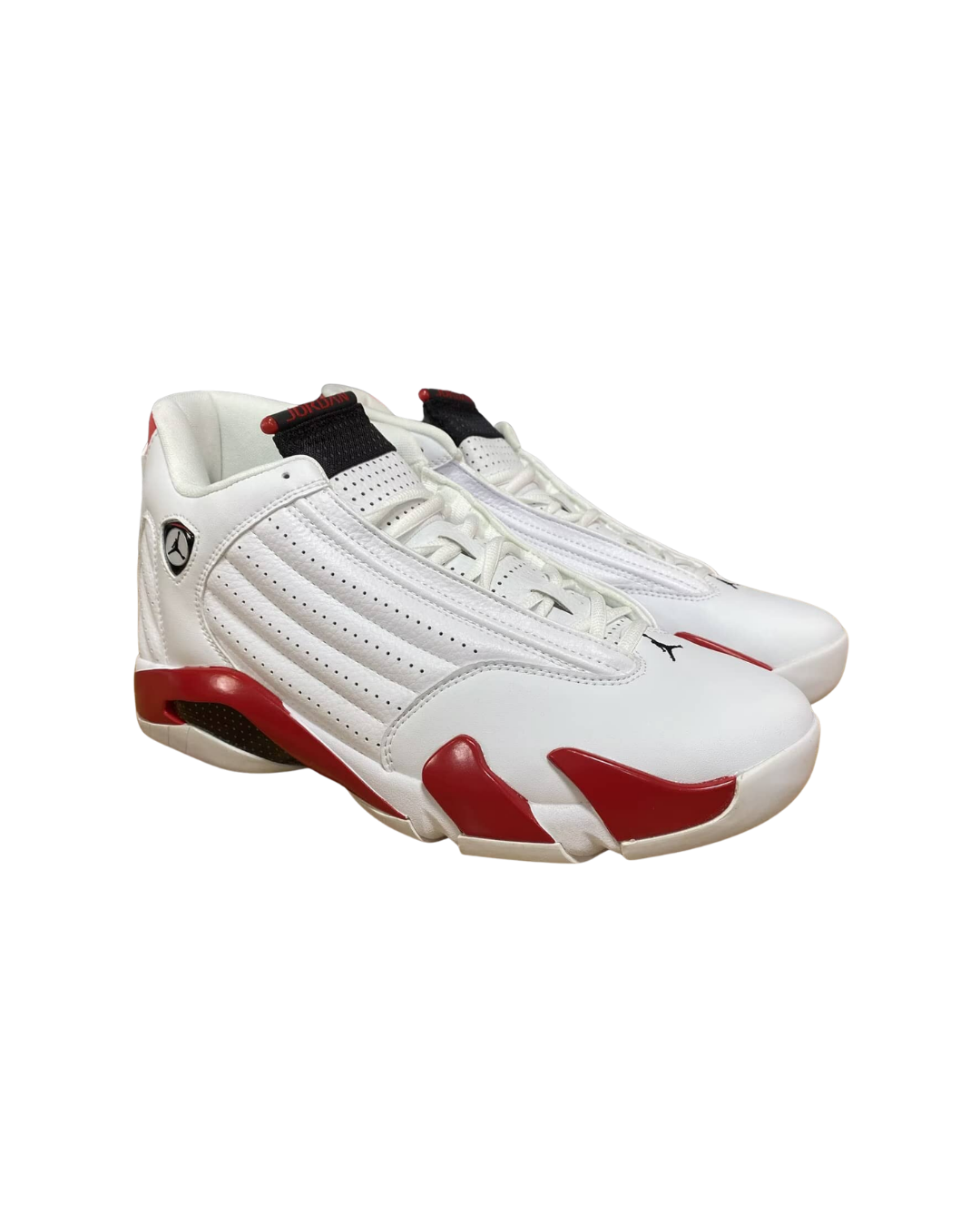 Three-quarter rear angled view of the Air Jordan 14 Retro Candy Cane in white and red