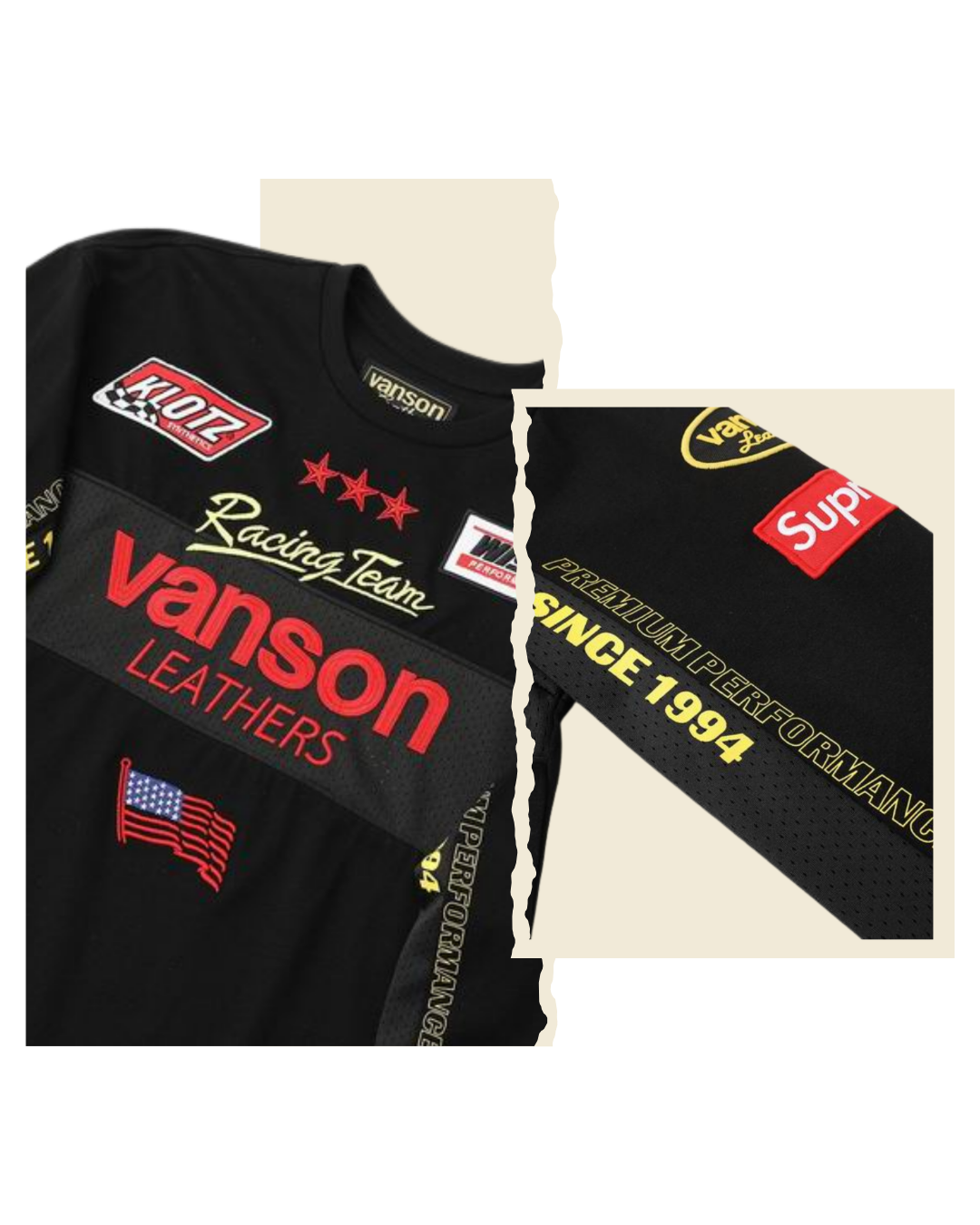 Detail views of the black Supreme x Vanson Leathers top showing the Vanson graphics and folded shot