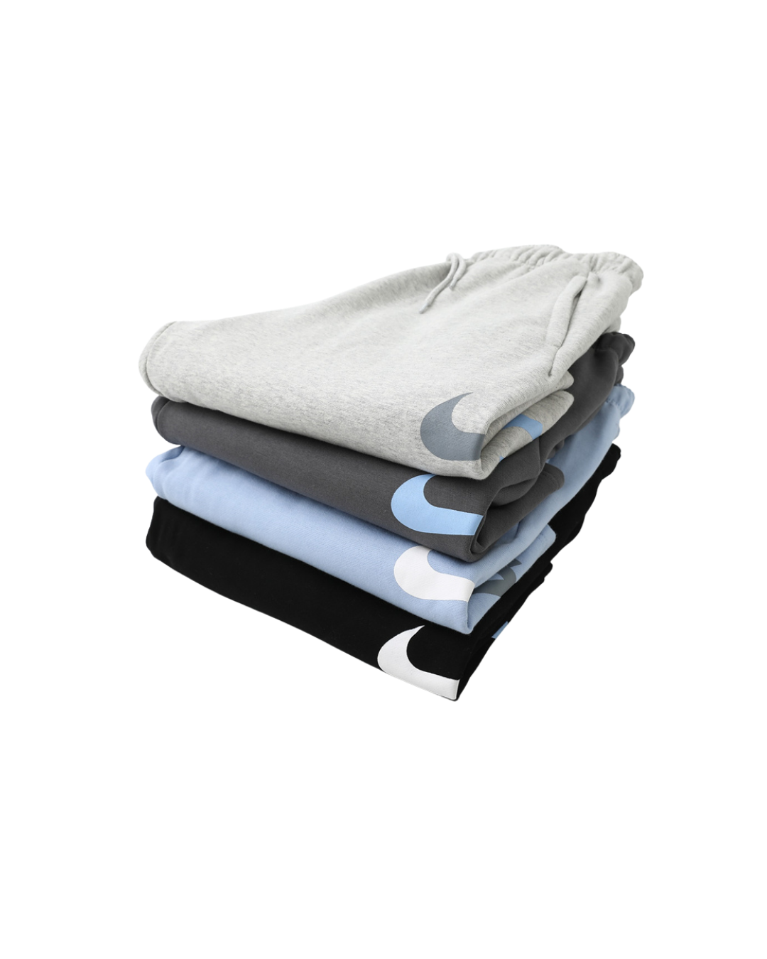 Folded stack of the Palace x Nike SS26 sweat shorts in black, grey, and blue colorways