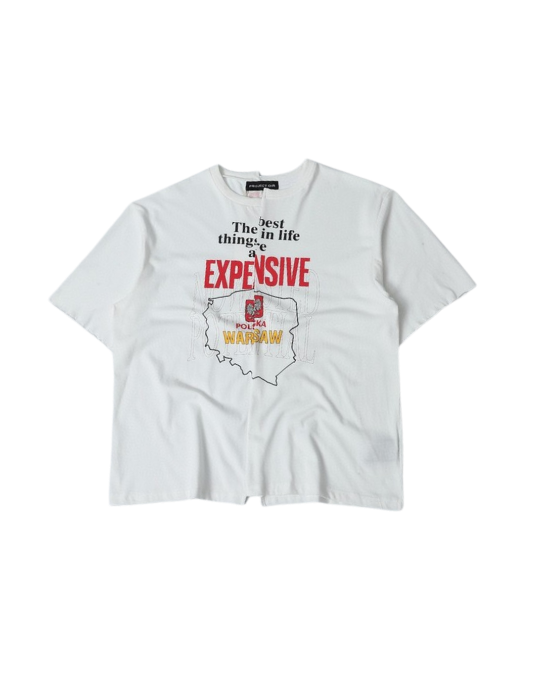 Front view of the white Project G/R Best Things In Life Are Expensive tee with red text graphic
