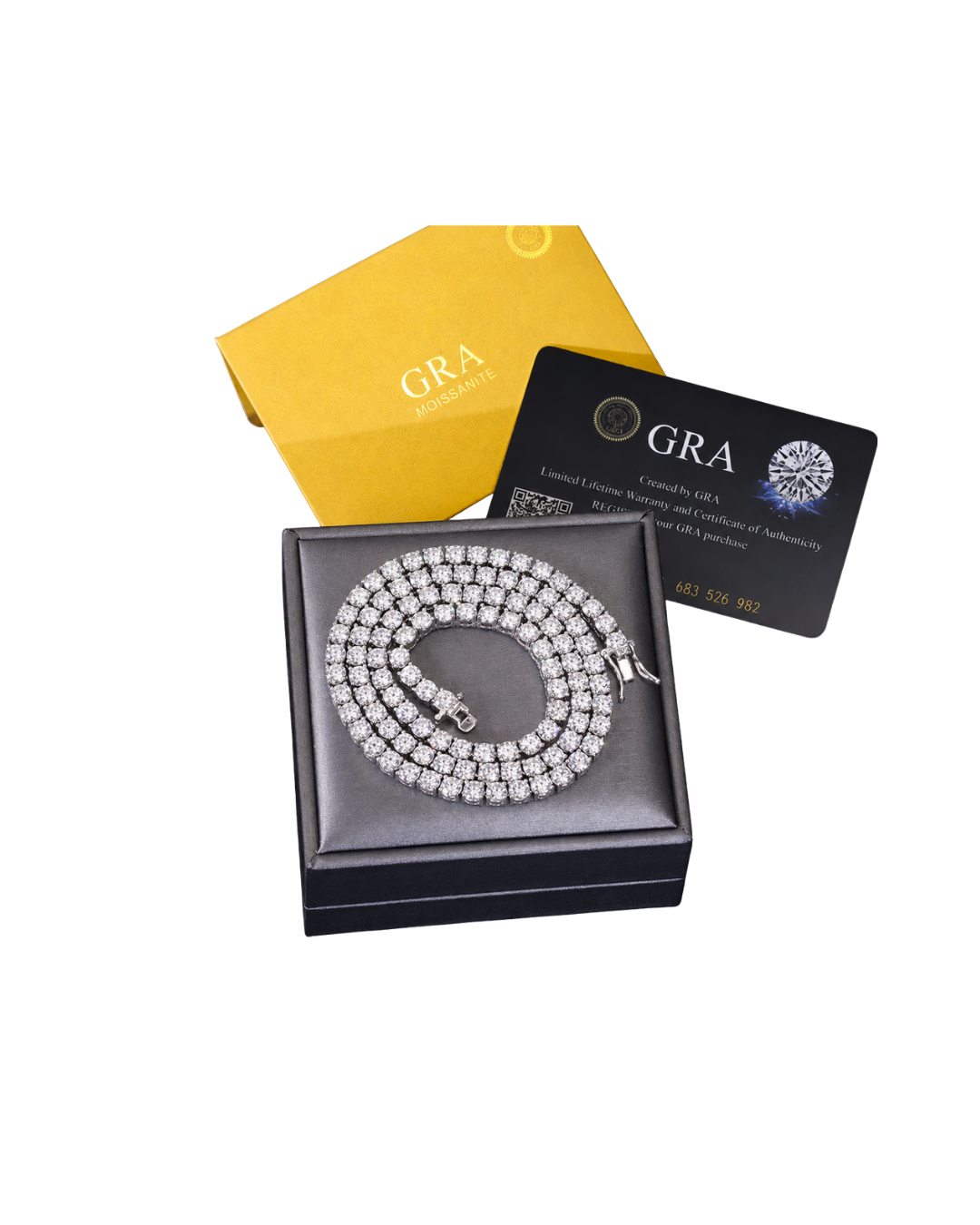 Silver 3mm VVS moissanite tennis chain presented in its gift box