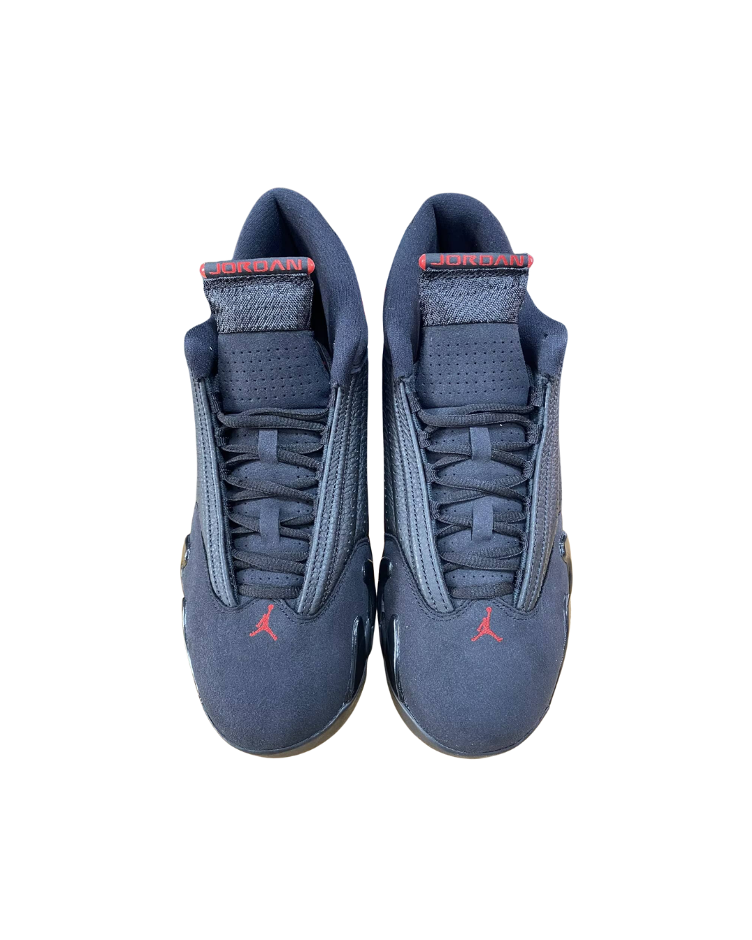 Top-down view of a pair of Air Jordan 14 Retro Last Shot sneakers in black with red accents