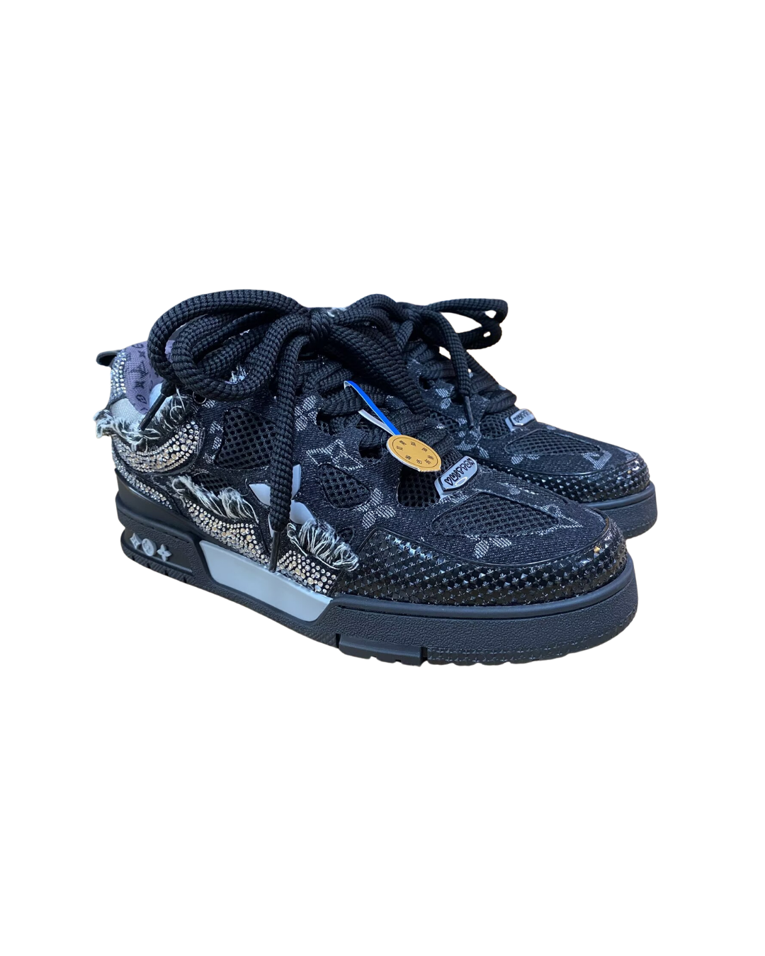 Angled three-quarter view of the black crystal-embellished Swarovski x Louis Vuitton Skate sneaker