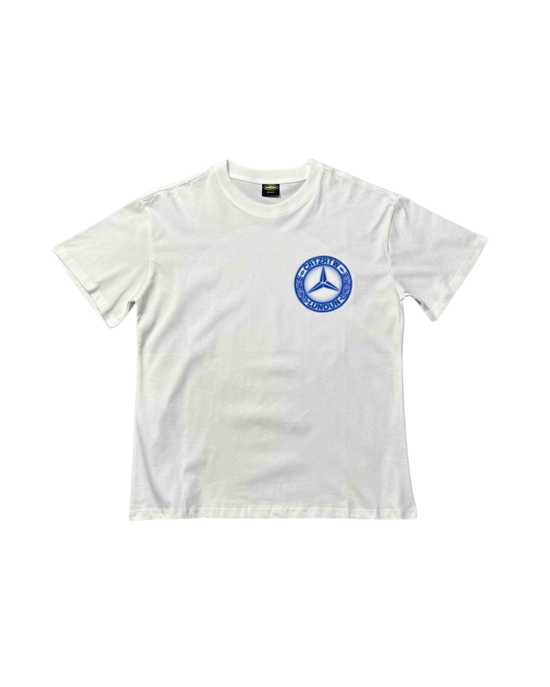 White Corteiz Lundun Benz tee showing a smaller blue logo print on the left chest