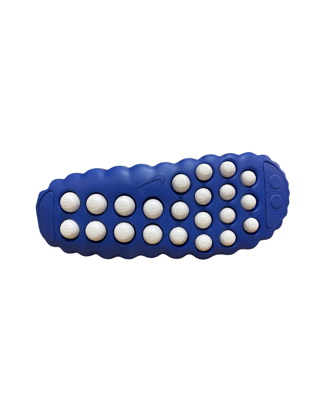 Outsole view of the Nike Mind 001 Blackened Blue slide showing the blue sensory node bumps