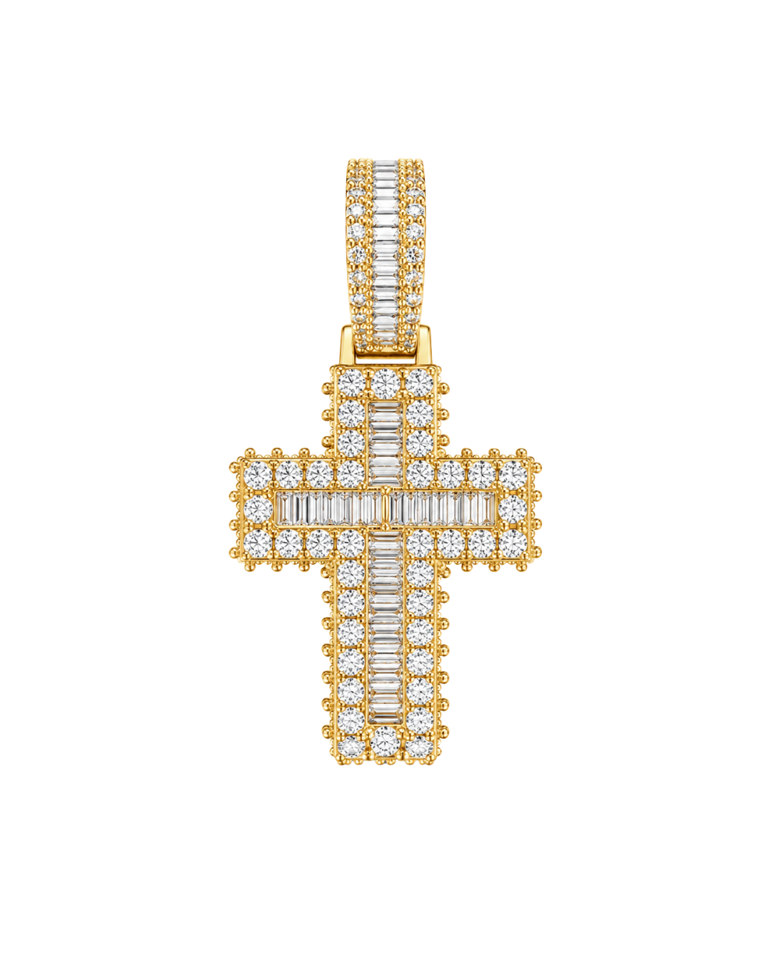 Gold iced-out baguette cross moissanite pendant
