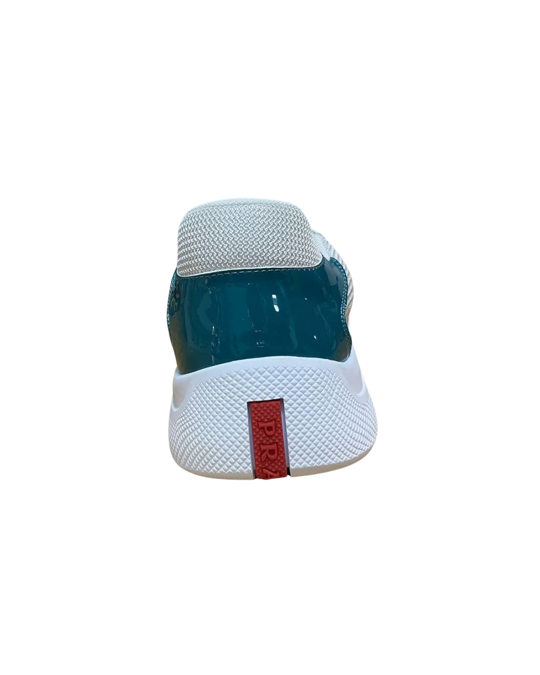 Front view of the Prada America's Cup Lagoon Blue trainer showing the red heel tab