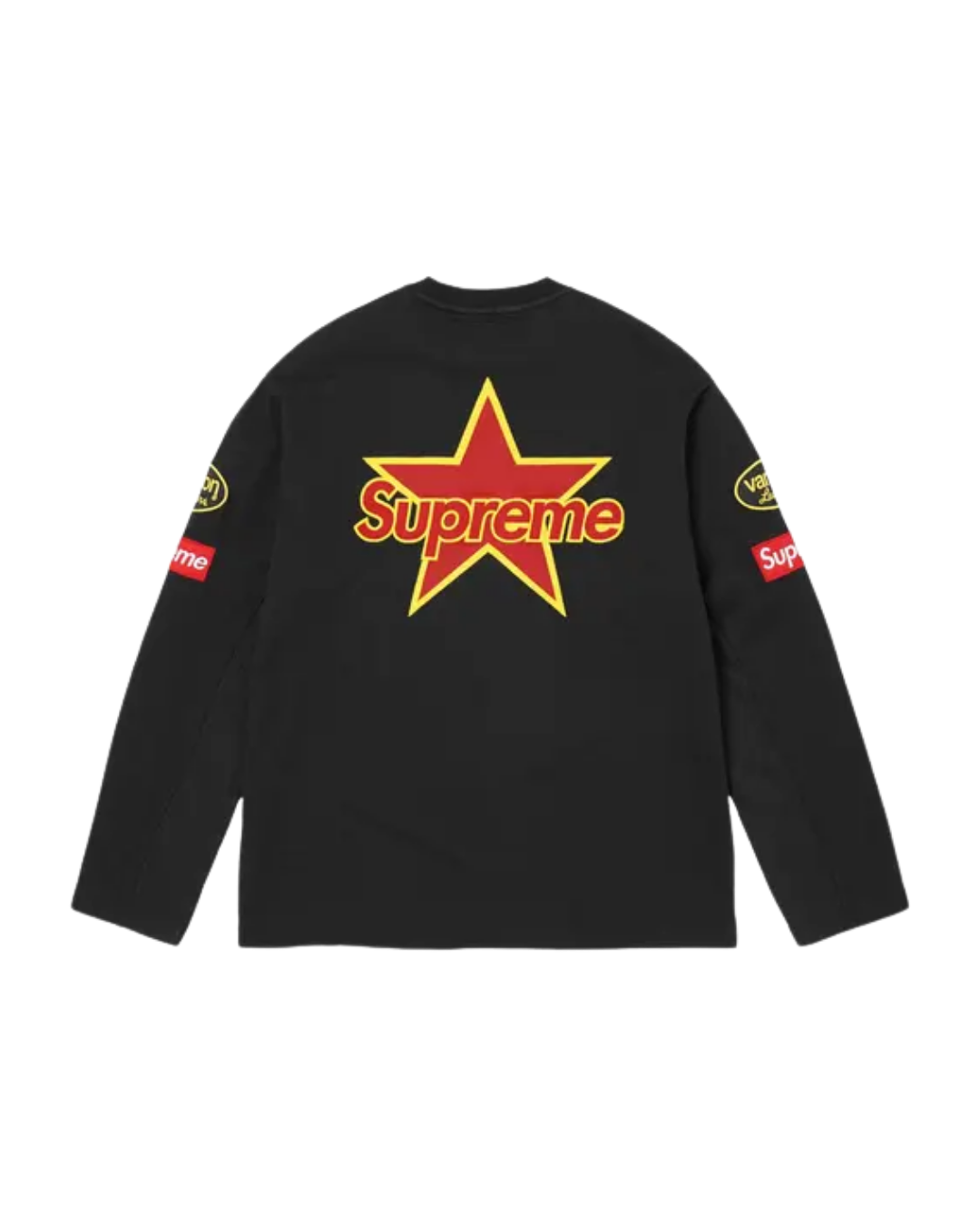 Back view of the black Supreme x Vanson Leathers top with a large orange star logo
