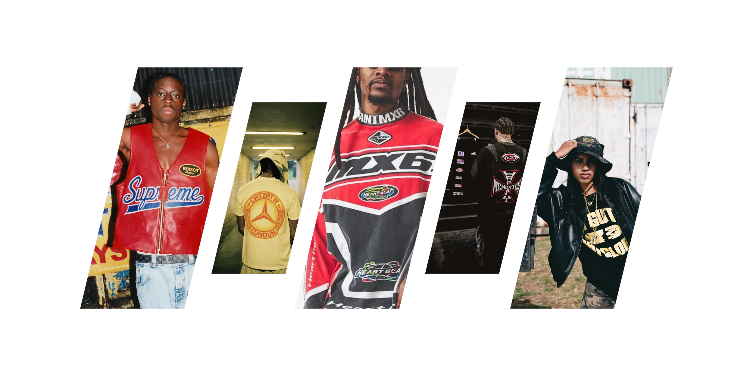 Collage of six people in streetwear, including a woman in a red vest, a person in a yellow hoodie, a man in a red racing jersey, a person with a bottom back view in a jacket, and a woman in casual clothing with a hat.
