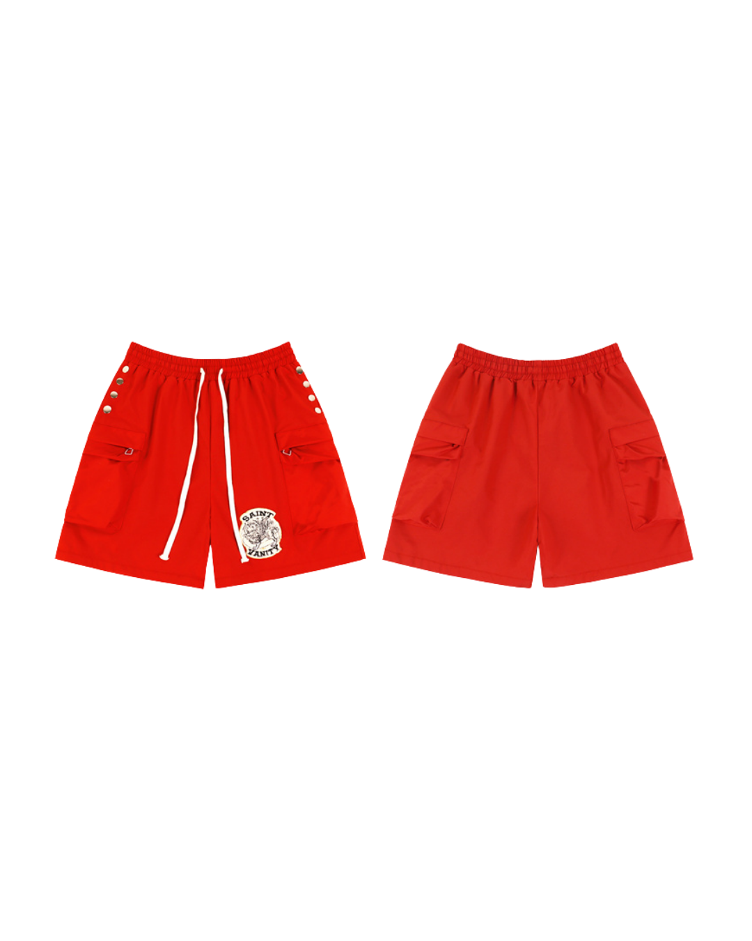 Pair of red Saint Vanity nylon cargo shorts shown front and back