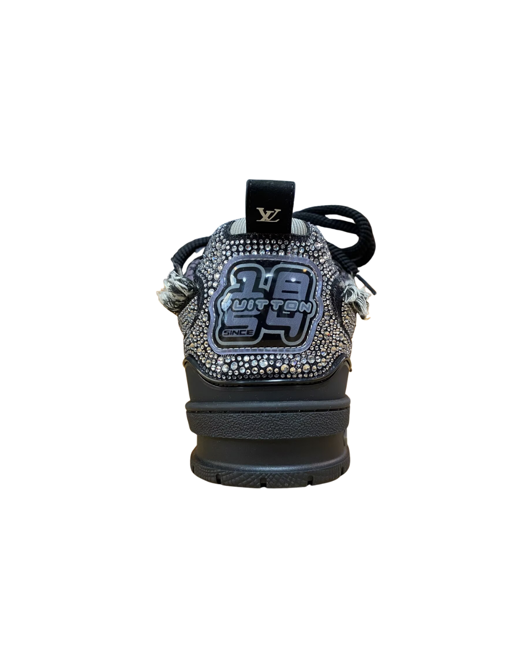 Rear view of the black Swarovski x Louis Vuitton Skate sneaker showing the heel pull tab