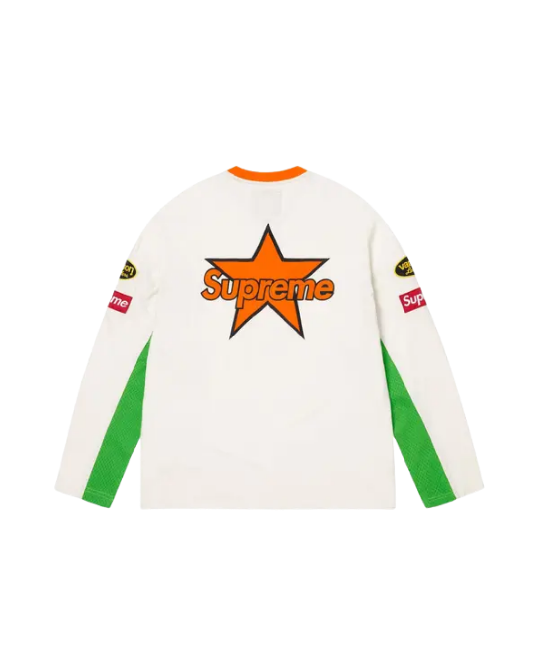 Back view of the white Supreme x Vanson Leathers top with a large orange star logo
