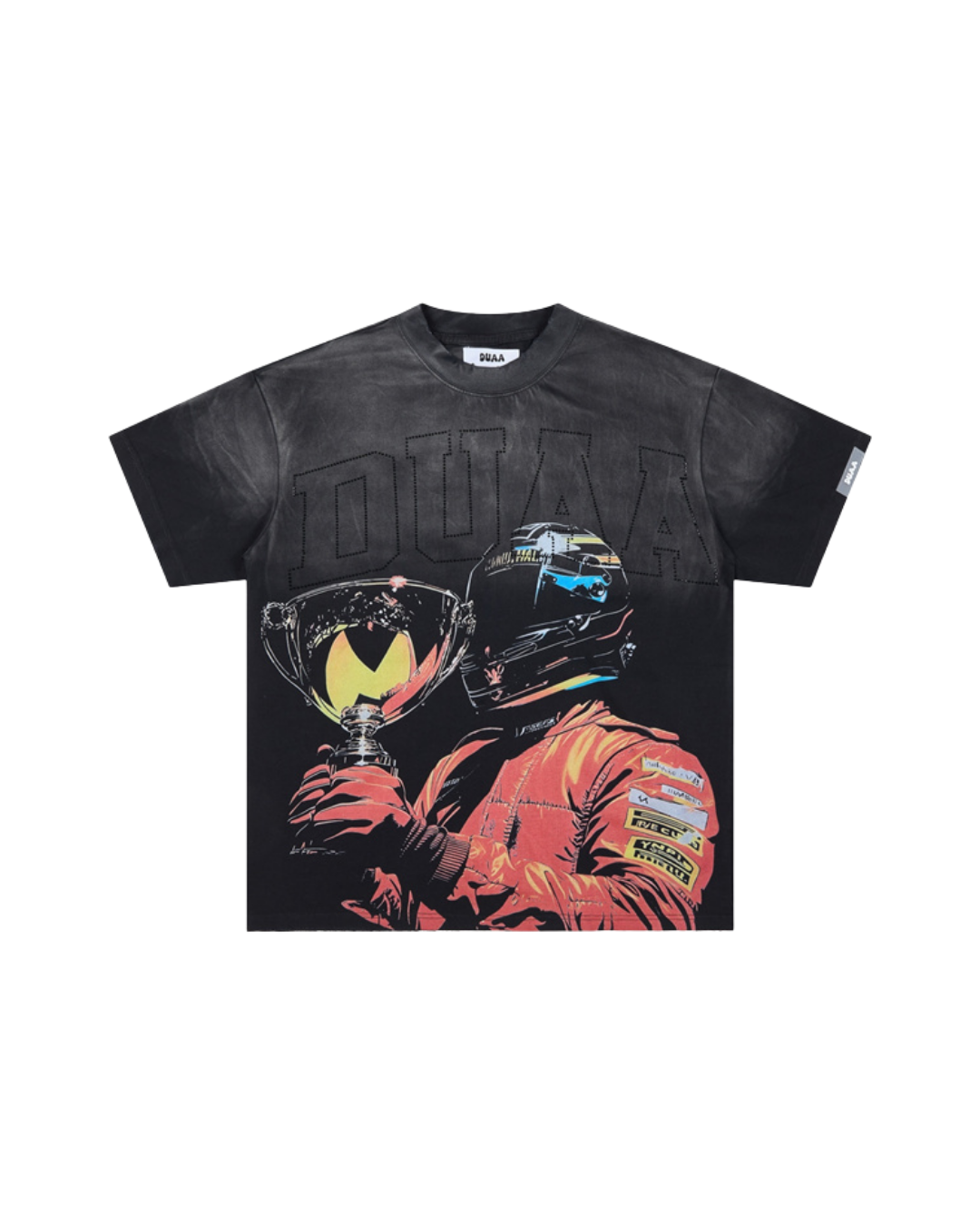 Front view of the washed black DUAA F1 Trophy Racer graphic tee