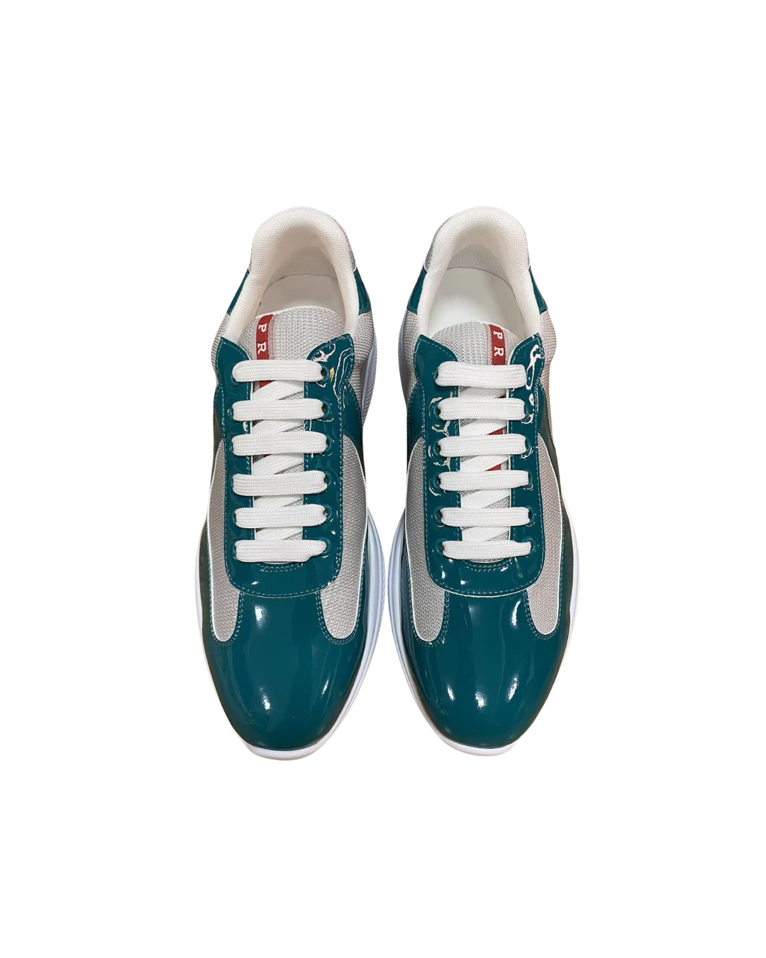 Top-down front view of a pair of Prada America's Cup Lagoon Blue trainers
