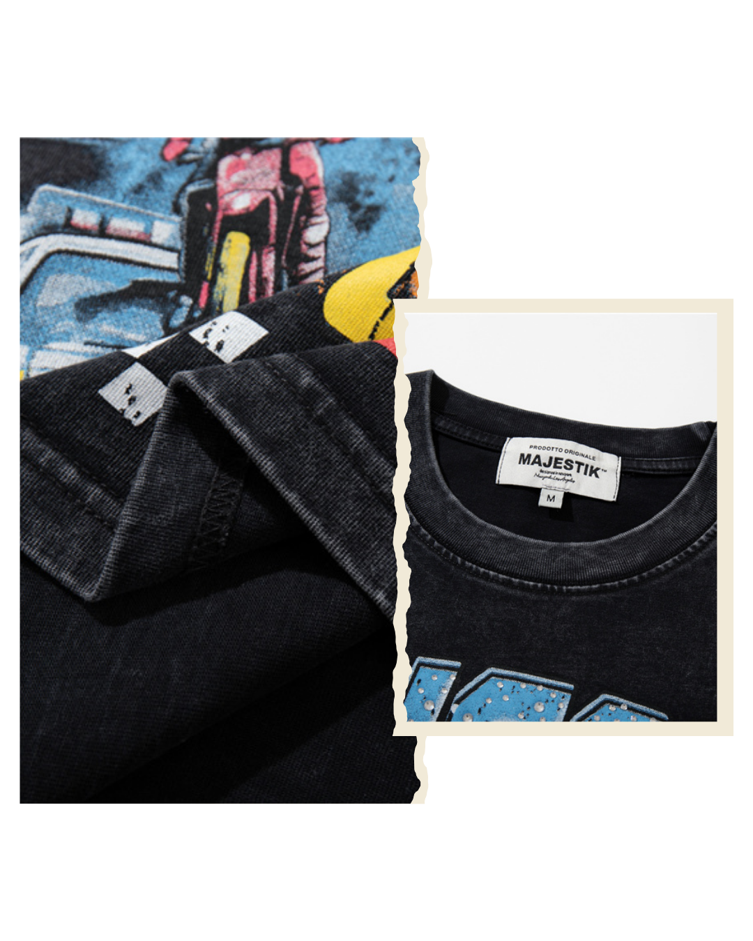 Detail and folded views of the washed black Majestik Racing Street Legends Speedway tee