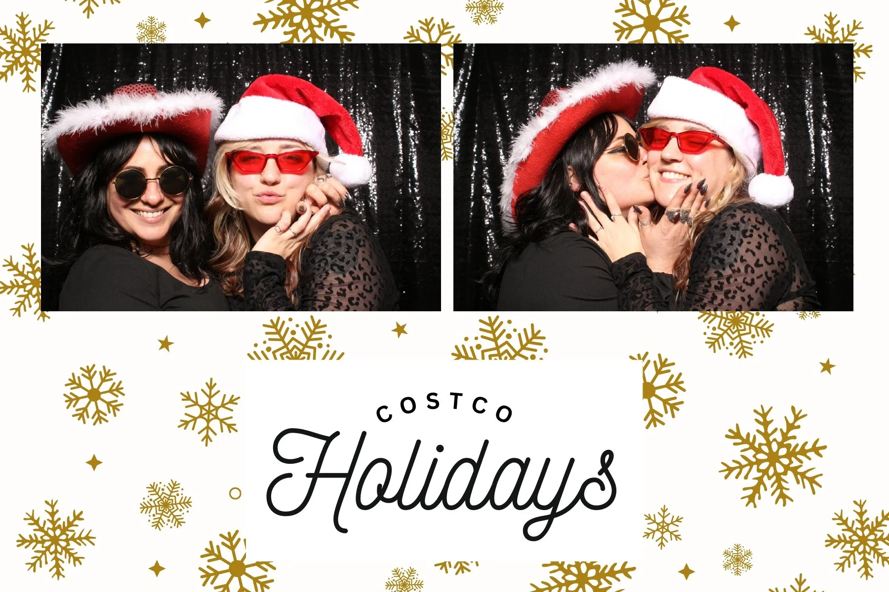 Two women wearing Christmas hats and sunglasses are smiling and kissing in a photo booth. The background is black with a shiny, sequined appearance. The border features gold snowflakes and stars, with text that reads "Costco Holidays."