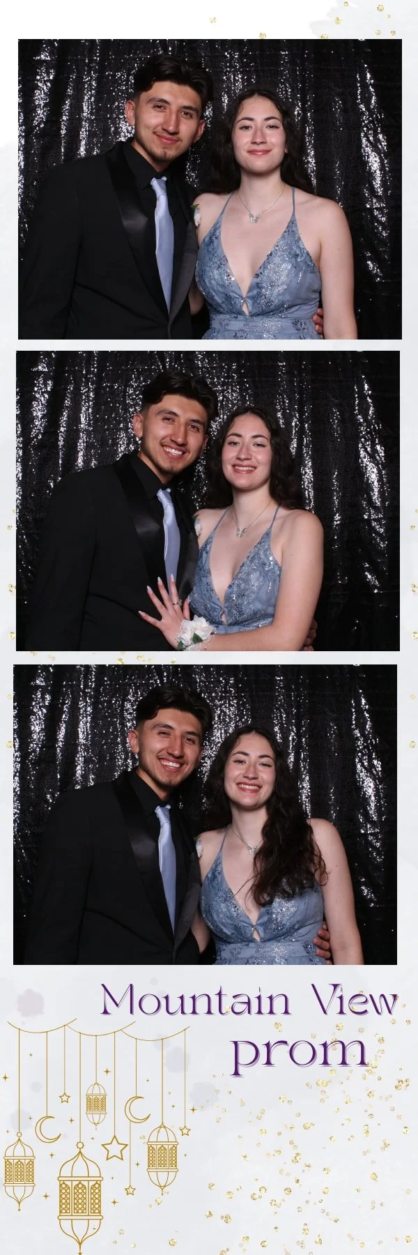 Photo strip of a young man and woman at a prom event. In each frame, they are smiling and posing in front of a black, sequined backdrop. The woman is wearing a sparkly blue dress with spaghetti straps, and the man is dressed in a black suit with a light blue tie. The bottom of the photo strip features the text "Mountain View prom" with decorative lantern and star illustrations.