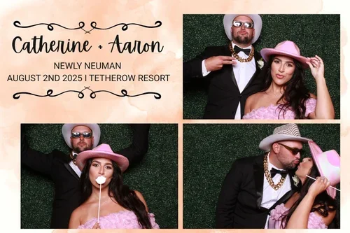 Photo booth collage with four pictures of a man and woman at a wedding. The man wears a black suit, gold chain, sunglasses, and a wide-brimmed hat. The woman wears a pink dress and pink hat. They are outdoors against a green backdrop. The top left section displays wedding details: Catherine and Aaron, Newly Neuman, August 2nd, 2025, Tetherow Resort.