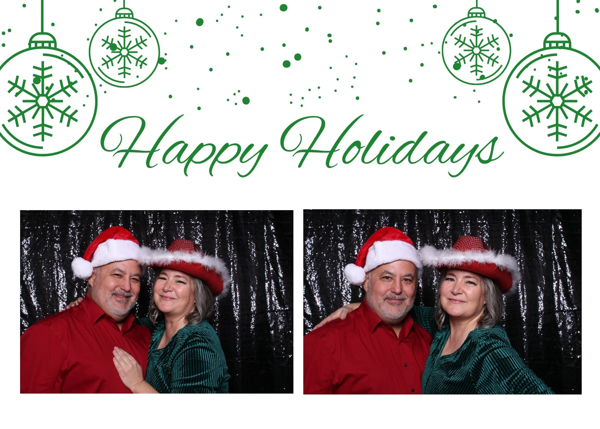 Two smiling senior couple wearing Santa hats, red and green outfits, posing in front of a black glittery backdrop for holiday photos.