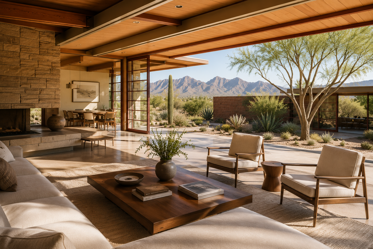 Mid-century modern luxury living room in Scottsdale with floor-to-ceiling glass, wood ceilings, desert views, and indoor-outdoor living.