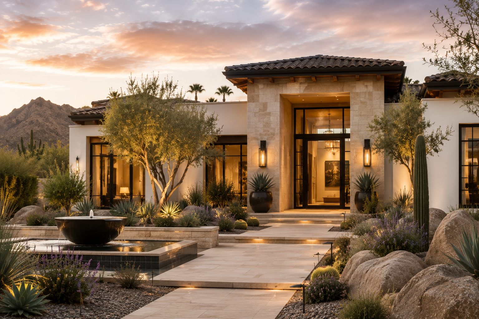 Contemporary luxury home exterior in Scottsdale featuring LED light path, fountain, white stucco, and desert plants