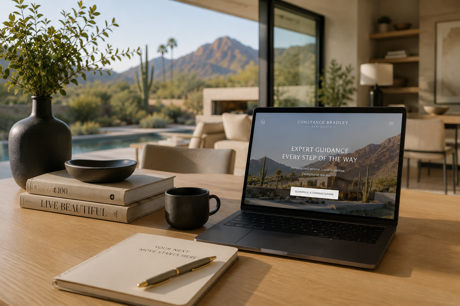 Modern luxury home office in Scottsdale with desert mountain views, contemporary interior design, and a welcoming consultation space for real estate clients.