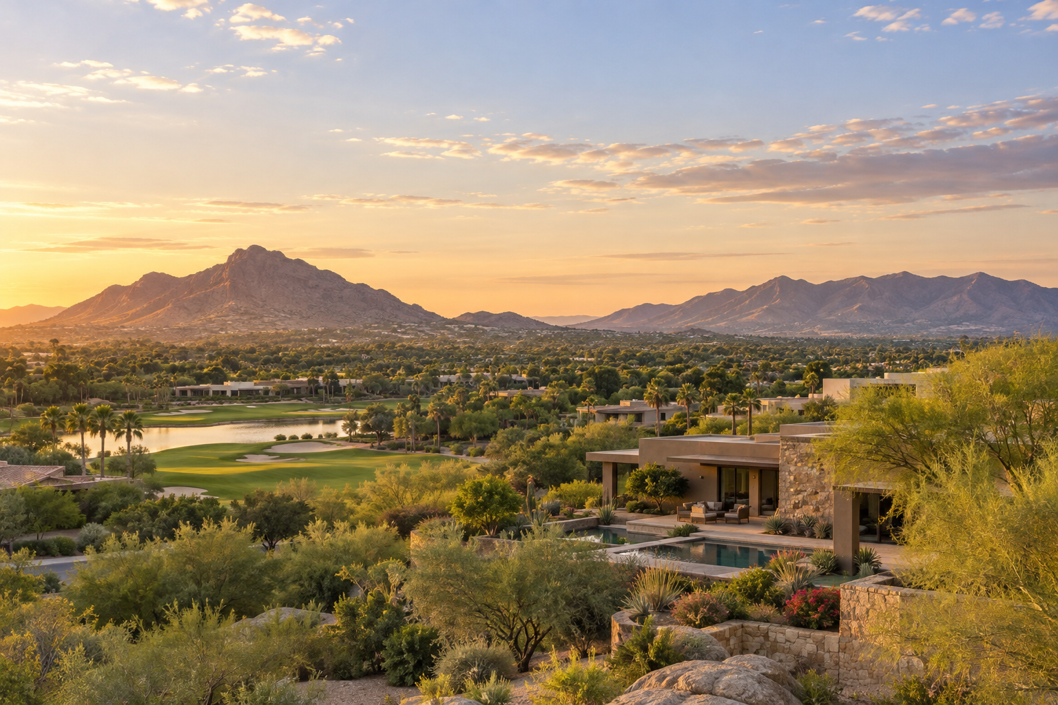 paradise valley arizona at sunrise with golf course and camelback mountain in view