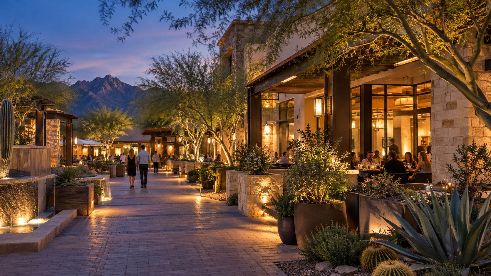 DC ranch market street in scottsdale at night with mood lights constance bradley scottsdale realtor