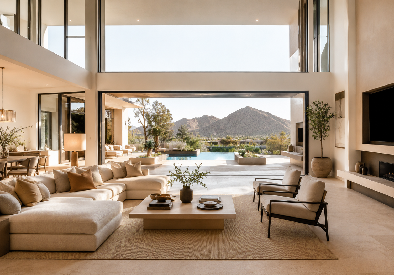 Luxury home in Paradise Valley with landscaped courtyard, custom stone architecture, and elegant desert-inspired design at sunset.