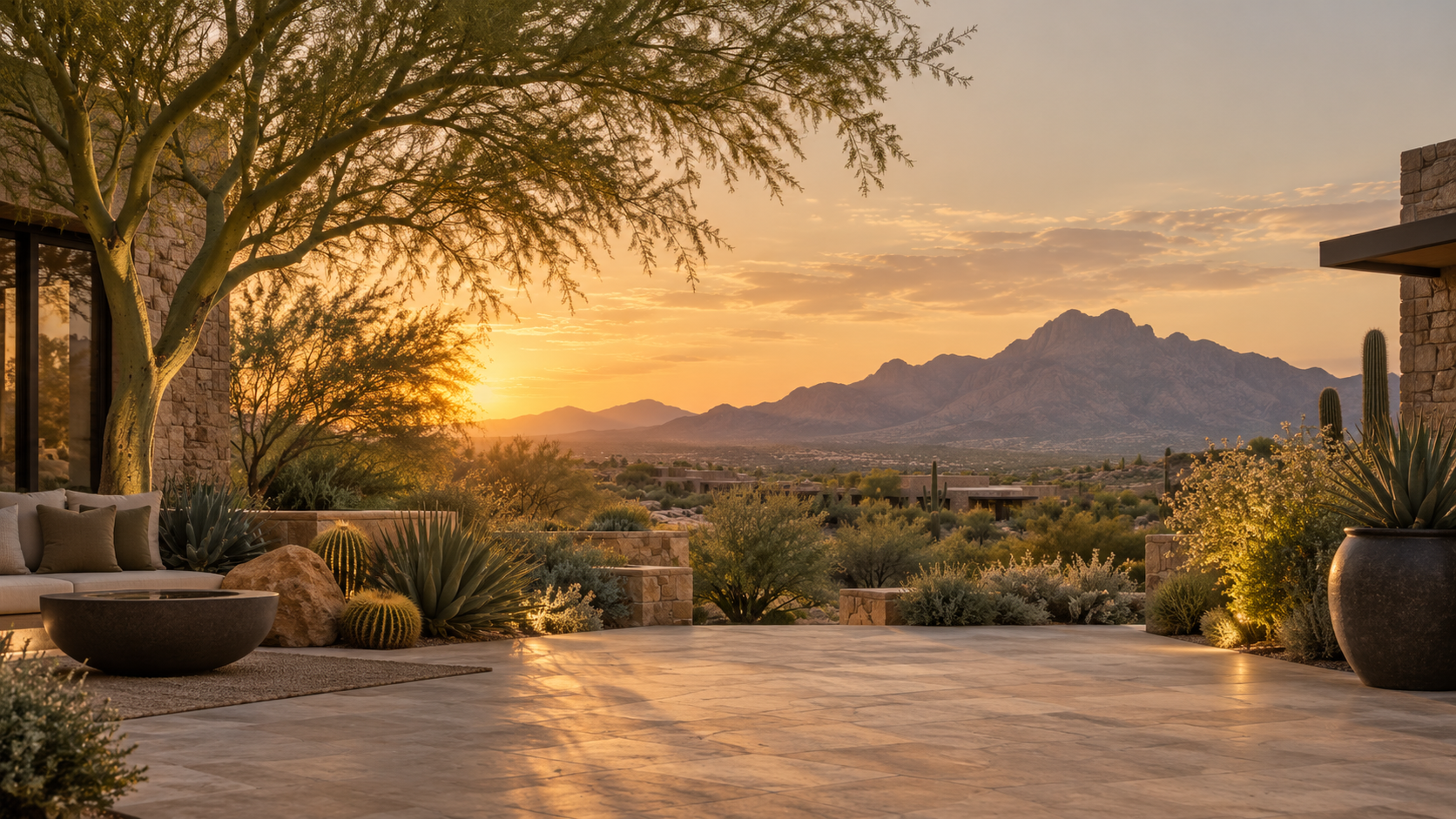 View of camelback mountain at sunrise from scottsdale home