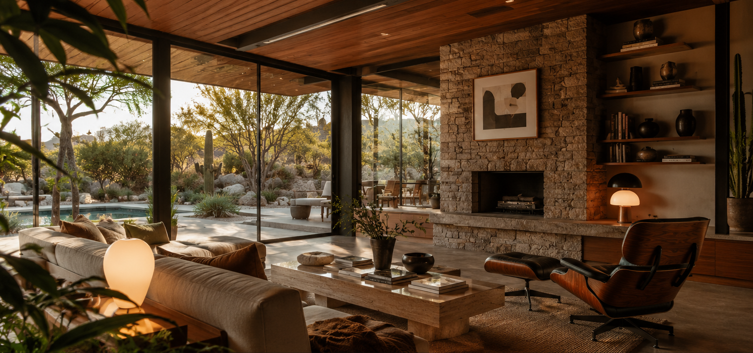 Scottsdale Mid-century modern luxury living room in Scottsdale with floor-to-ceiling glass, wood ceilings, desert views, and indoor-outdoor living.
