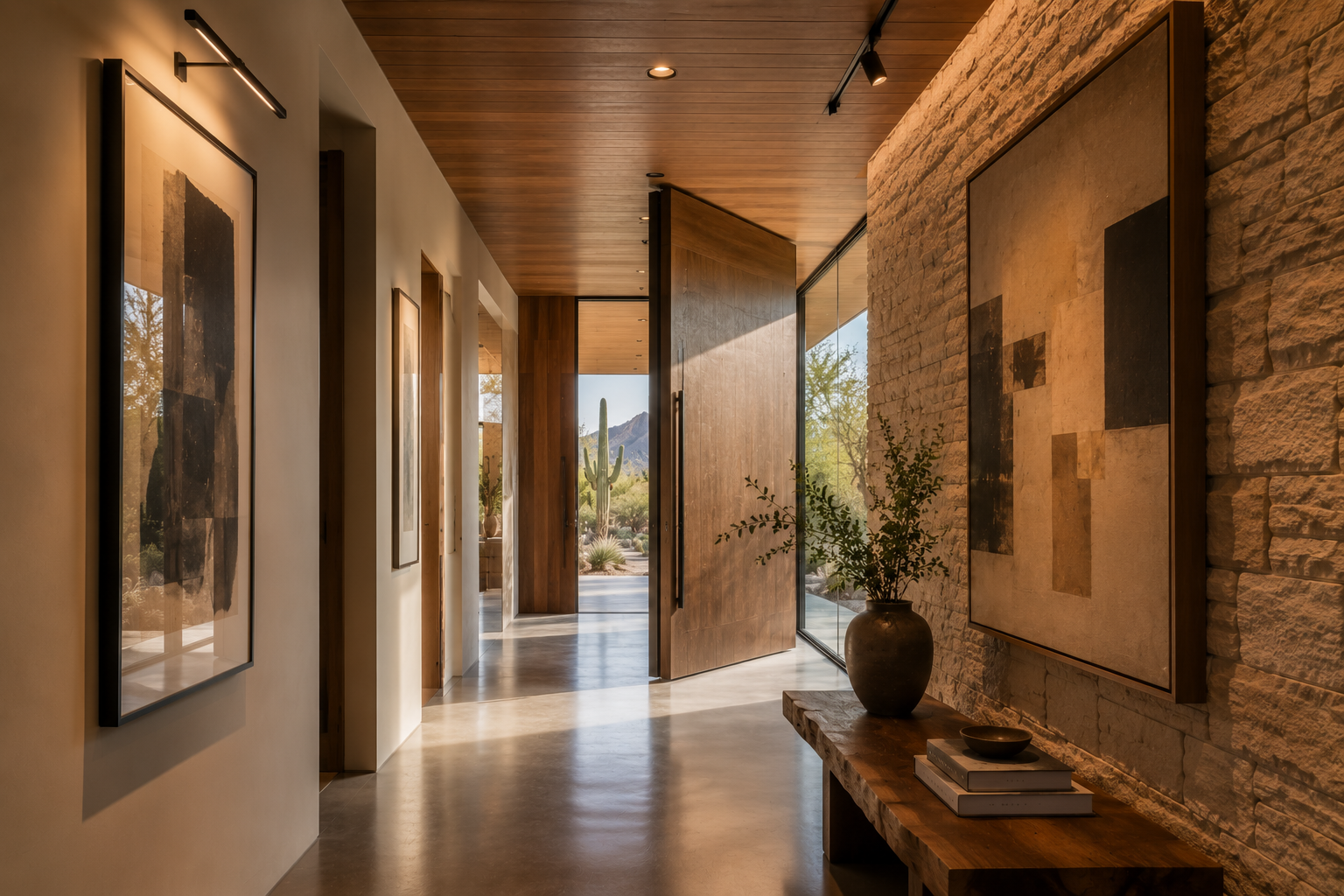 Contemporary luxury home in Scottsdale featuring a gallery hallway, natural stone walls, modern artwork, and a custom wood pivot door.