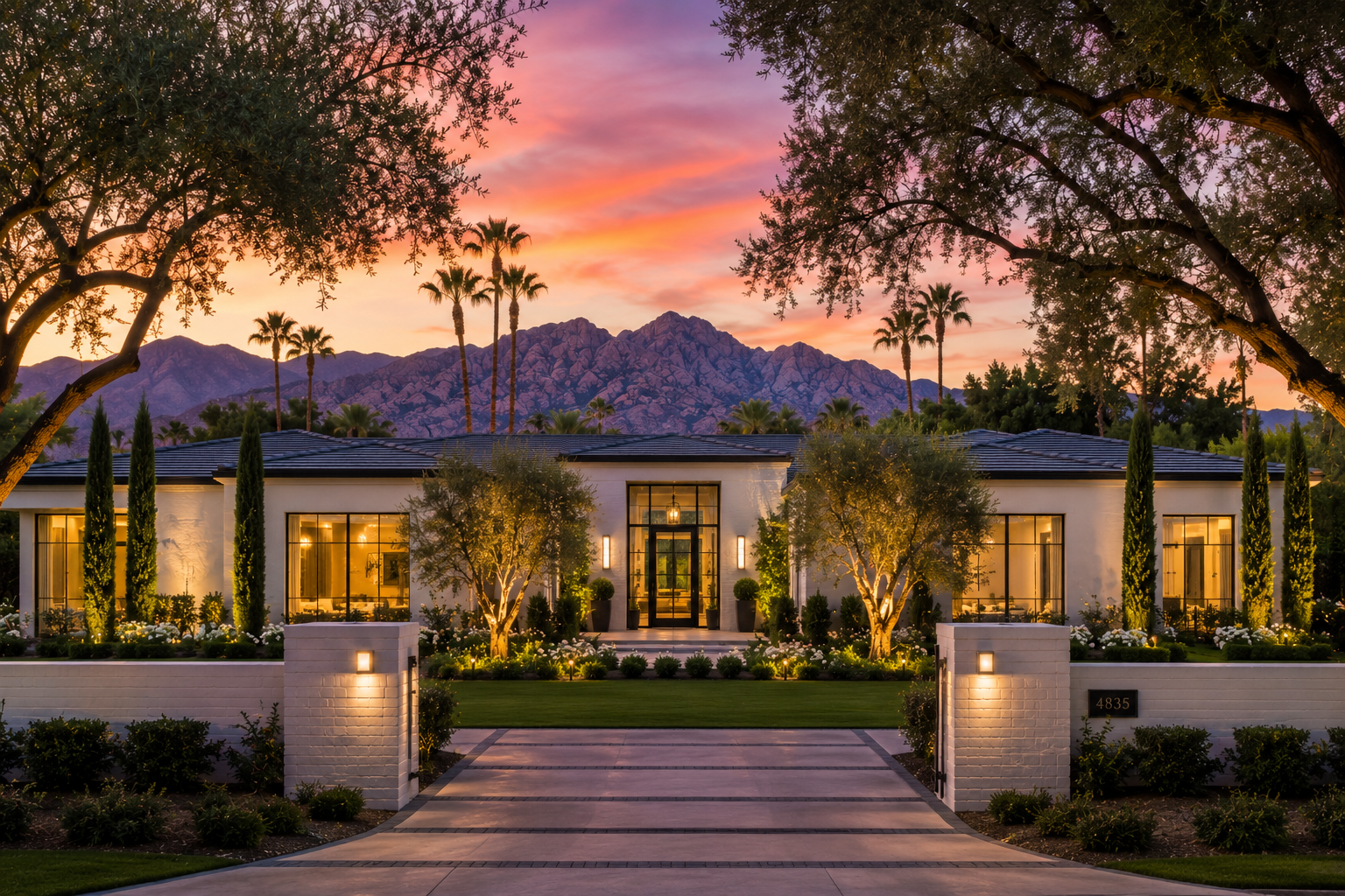 Luxury home in Arcadia, Arizona with mature tree-lined streets, Camelback Mountain views, and contemporary architecture at sunset.