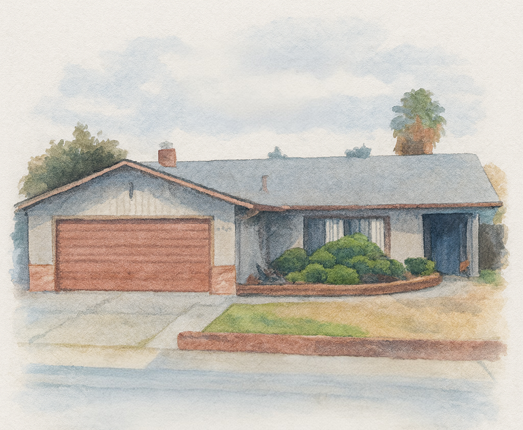 Watercolor painting of a suburban house with a gray roof, a garage with a brown door, and a landscaped front yard with bushes and a small lawn.