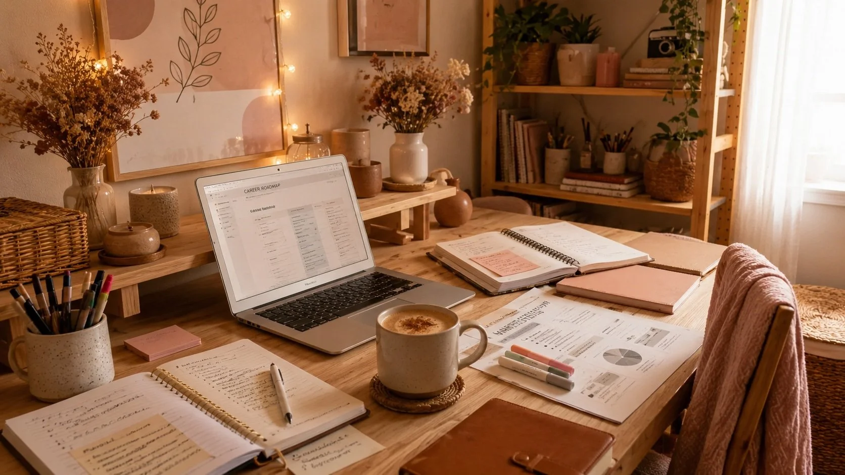 Warm, organized home office featuring a laptop, planner, notebook, coffee mug, work papers, pastel stationery, plants, and wooden shelves in a cozy remote work setup.