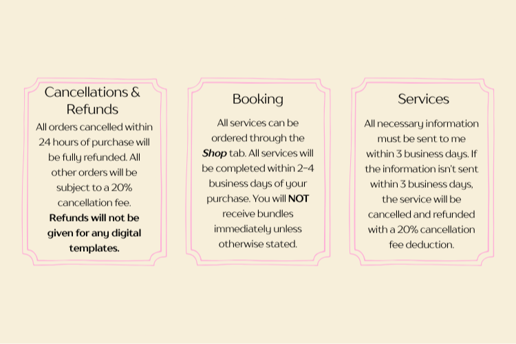 Three framed notices on a beige background detailing policies on cancellations, bookings, and services, with pink borders around each frame.