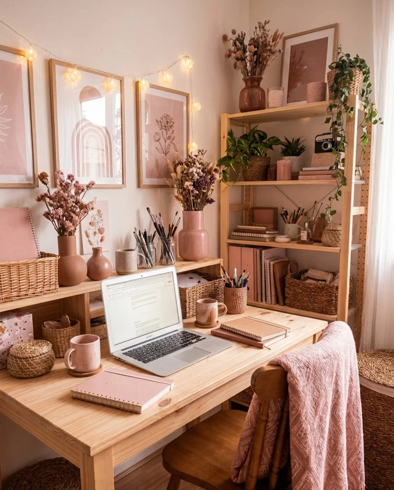 Cozy home office with a wooden desk, laptop, pink notebooks, dried flowers, plants, woven baskets, and warm string lights creating an aesthetic remote workspace.