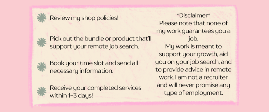 A pink and beige informational card with shop policies and a disclaimer, including guidelines on reviewing policies, selecting a bundle, booking a time slot, and receiving services within 1-3 days.