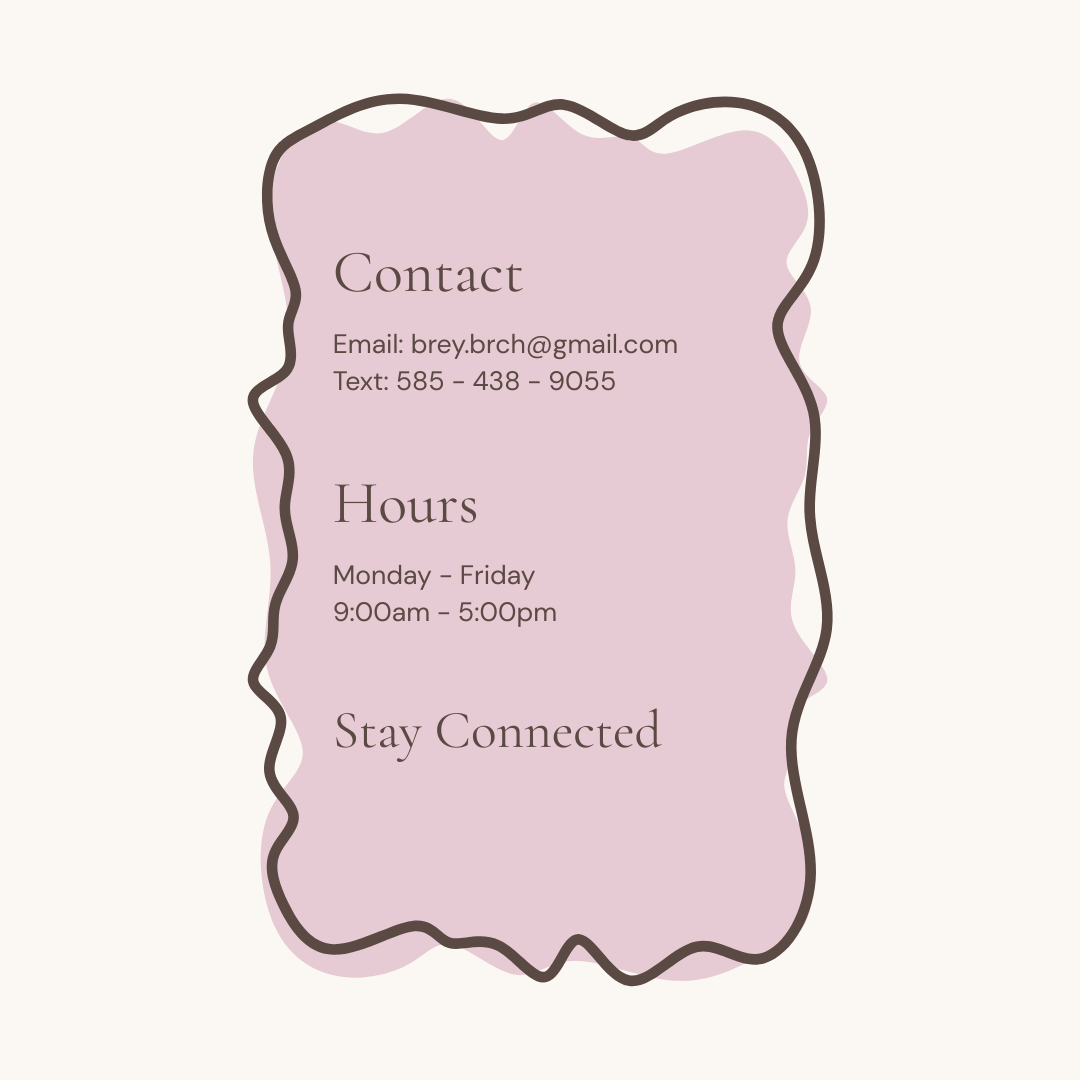 Decorative contact information card with Brey's Remote Career Hub email, business hours, and stay connected section on a soft pink background.