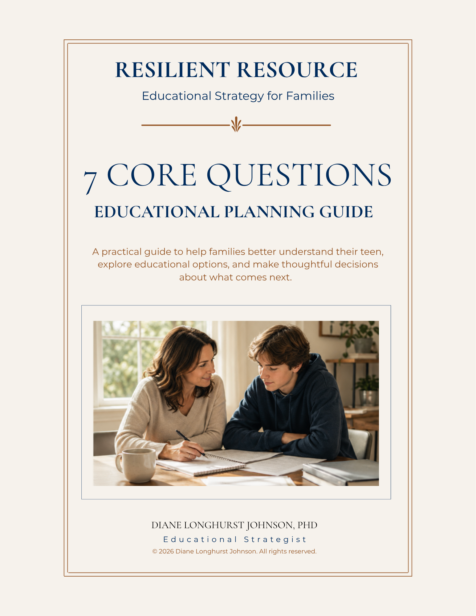 Book cover titled "Resilient Resource: Educational Strategy for Families, 7 Core Questions, Educational Planning Guide," featuring a photo of a woman and a teenage boy working together at a table, with a window and plants in the background.