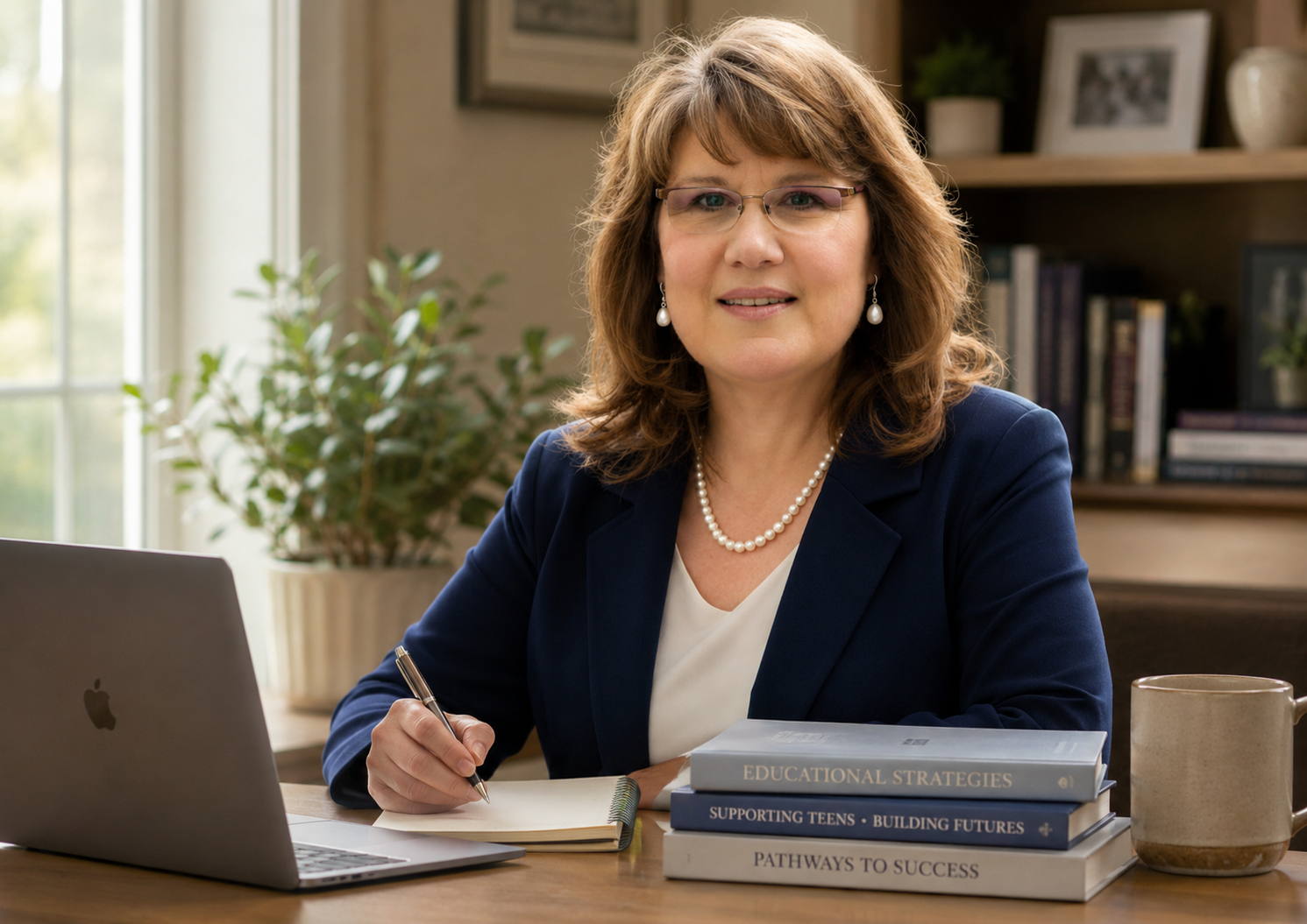 A woman with glasses, pearl earrings, necklace, and blue blazer sitting at a desk with a laptop, taking notes, with books and a mug nearby, in a well-lit room.