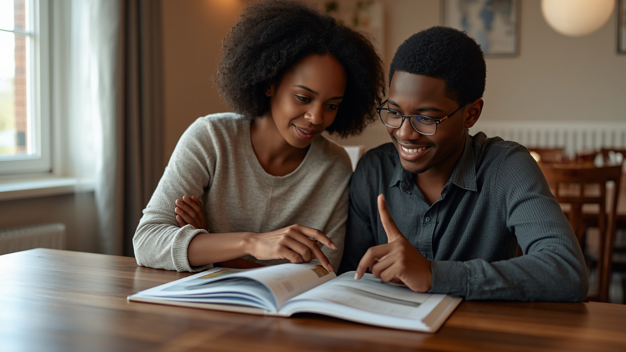 A woman and a man sitting at a table, looking at a large open book together and smiling.