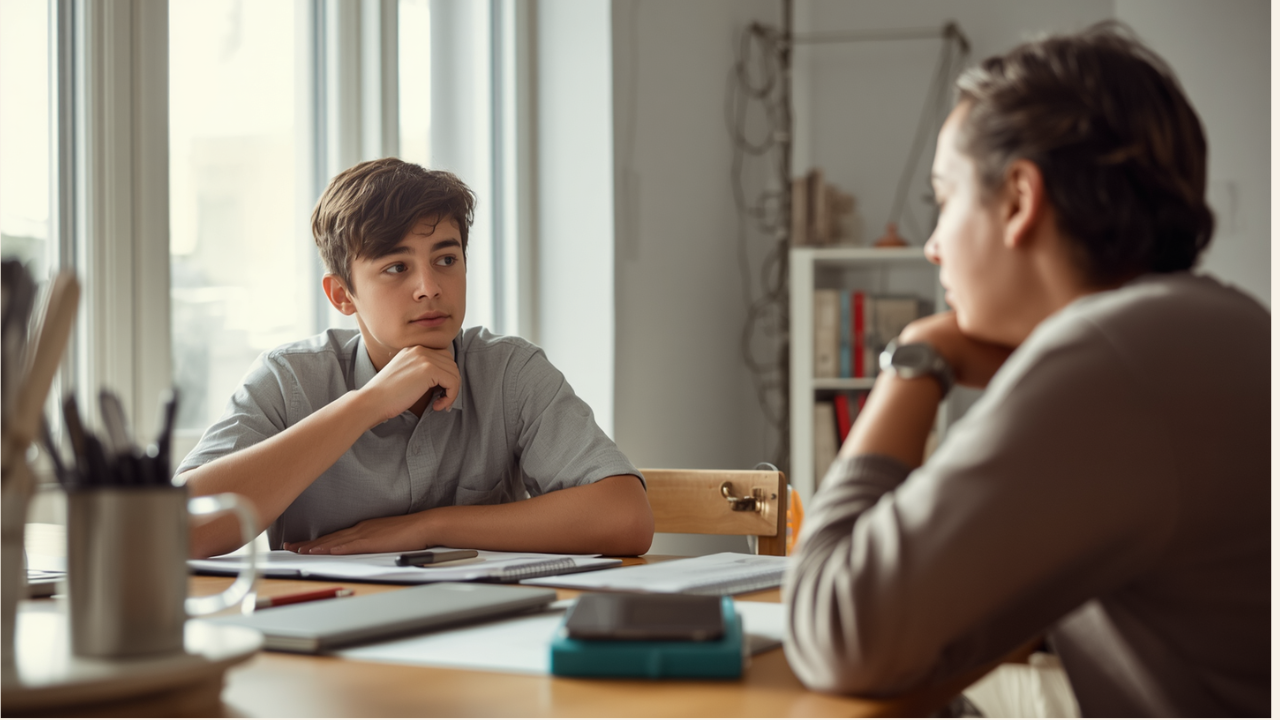 A young boy sitting at a desk, talking with an adult woman during a meeting or interview.