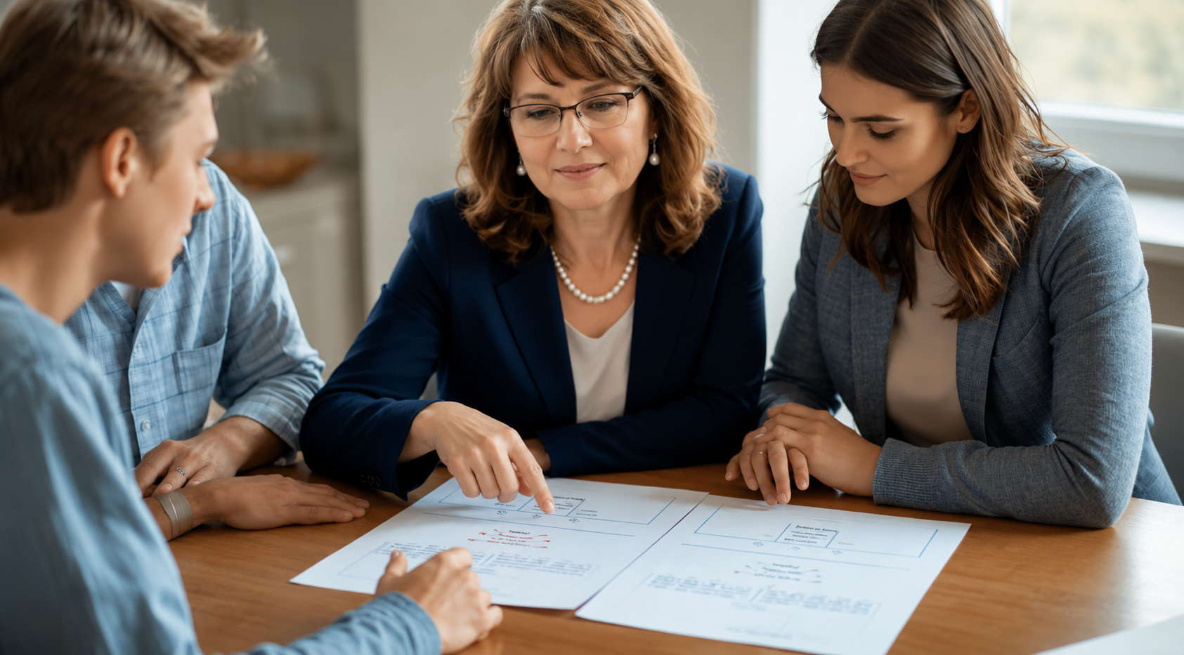 Three women sitting at a table reviewing documents, with the woman in the center pointing at one of the papers.