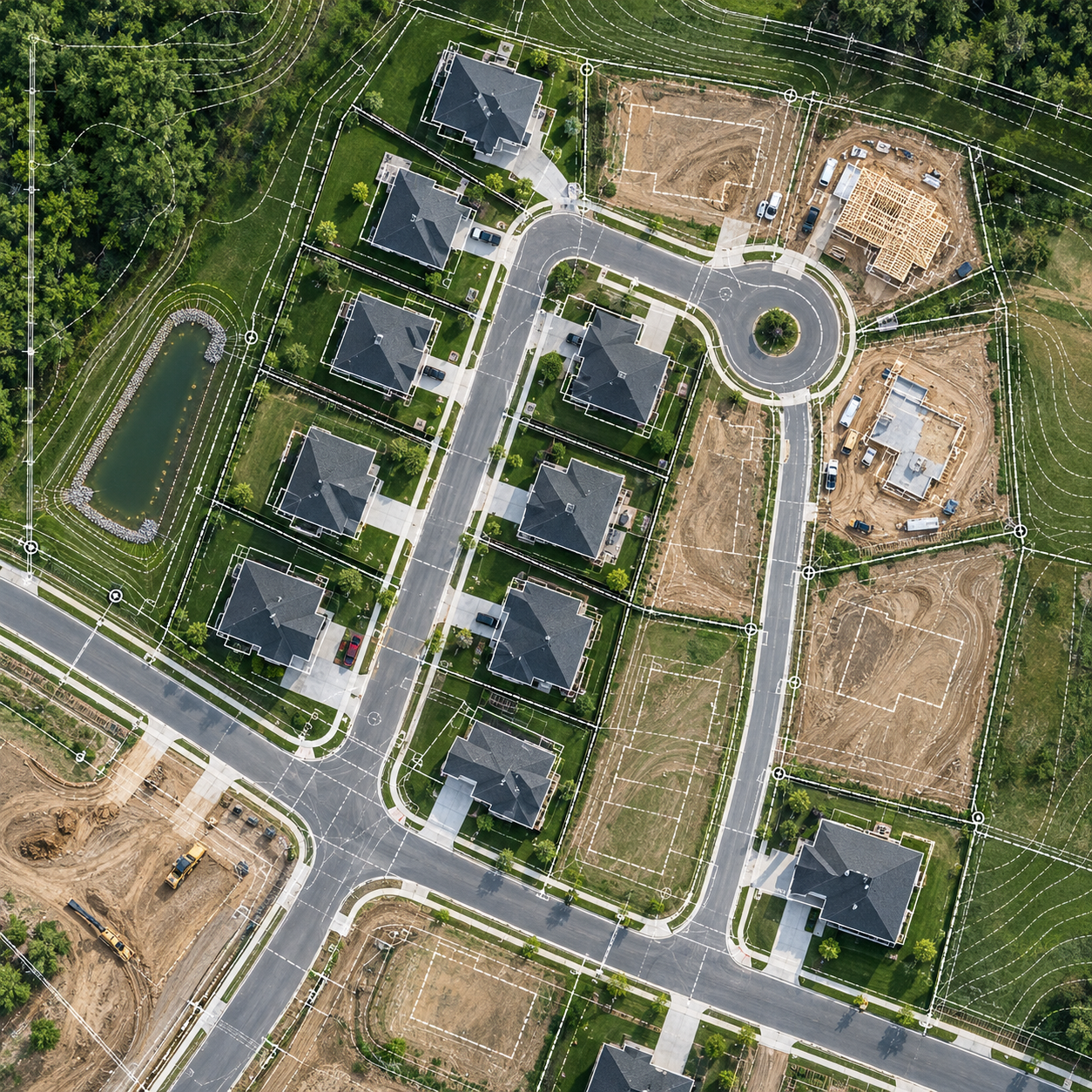 Aerial view of a suburban neighborhood with multiple newly built houses, a small pond, roads, and ongoing construction sites, overlaid with architectural planning lines.