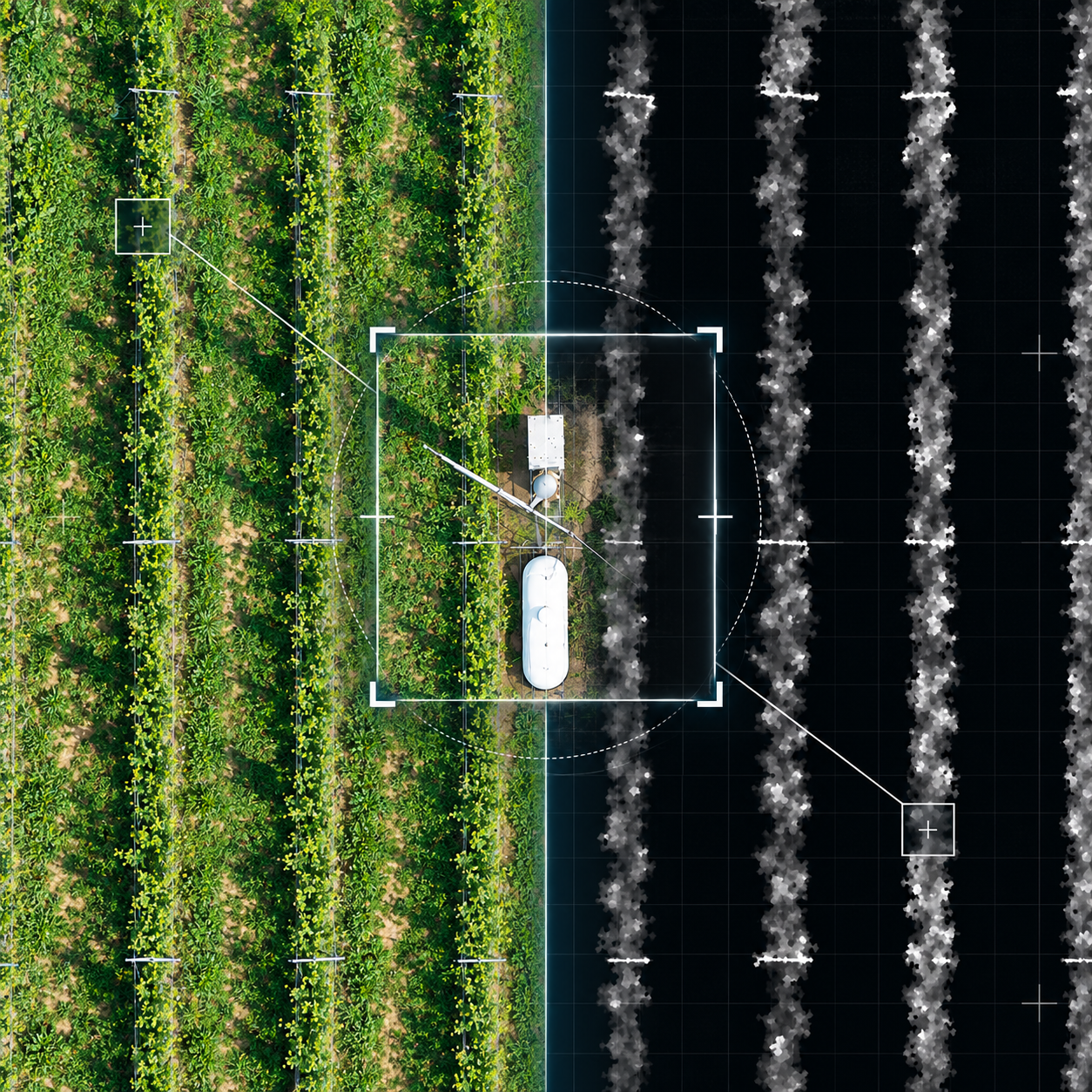 Aerial view of advanced farming technology with crop rows on the left and dark soil on the right, overlaid with digital targeting and tracking graphics.