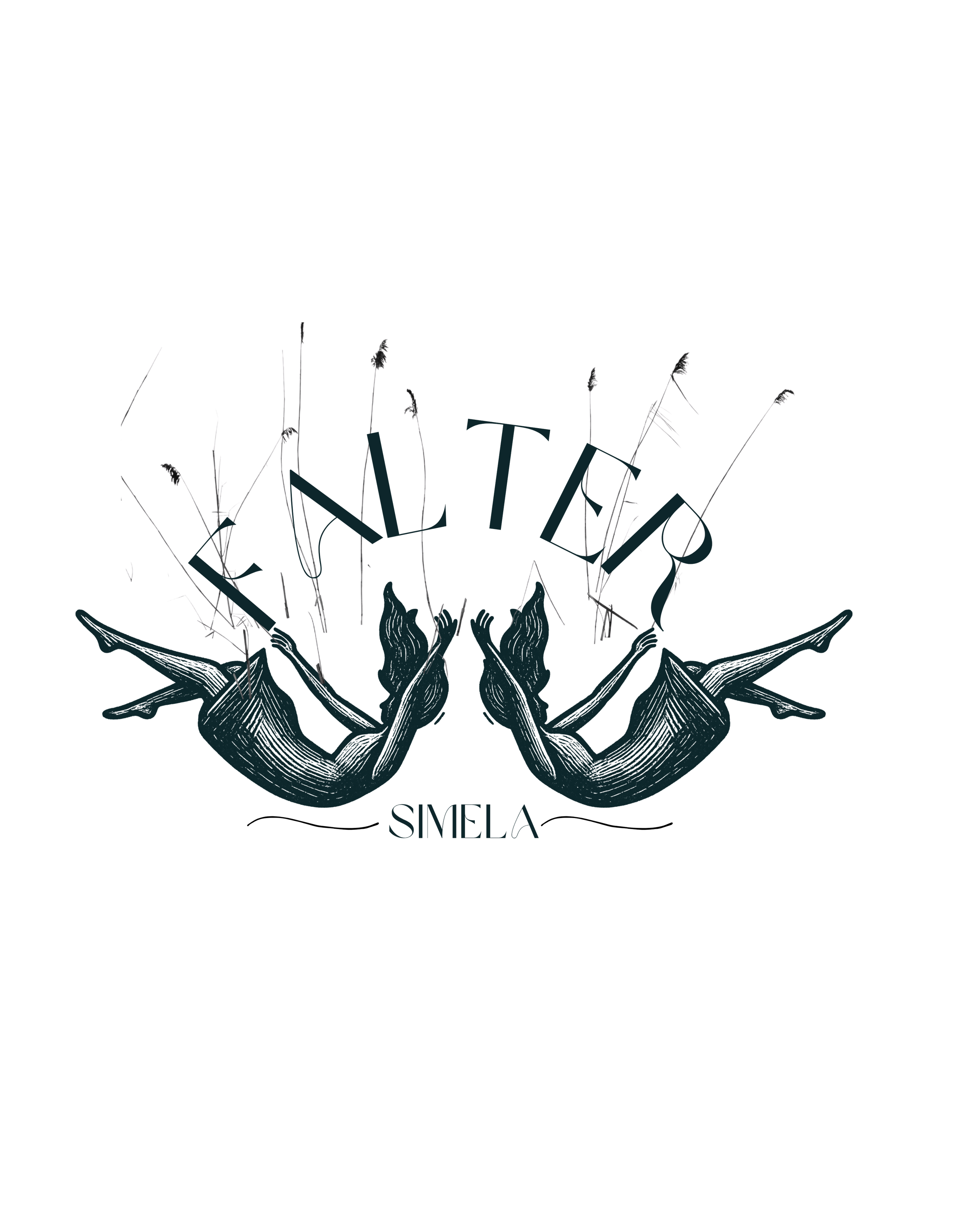 Black background with a symmetrical illustration of dove wings and floral elements. The word 'SIME LA' is written in dark teal letters at the bottom.