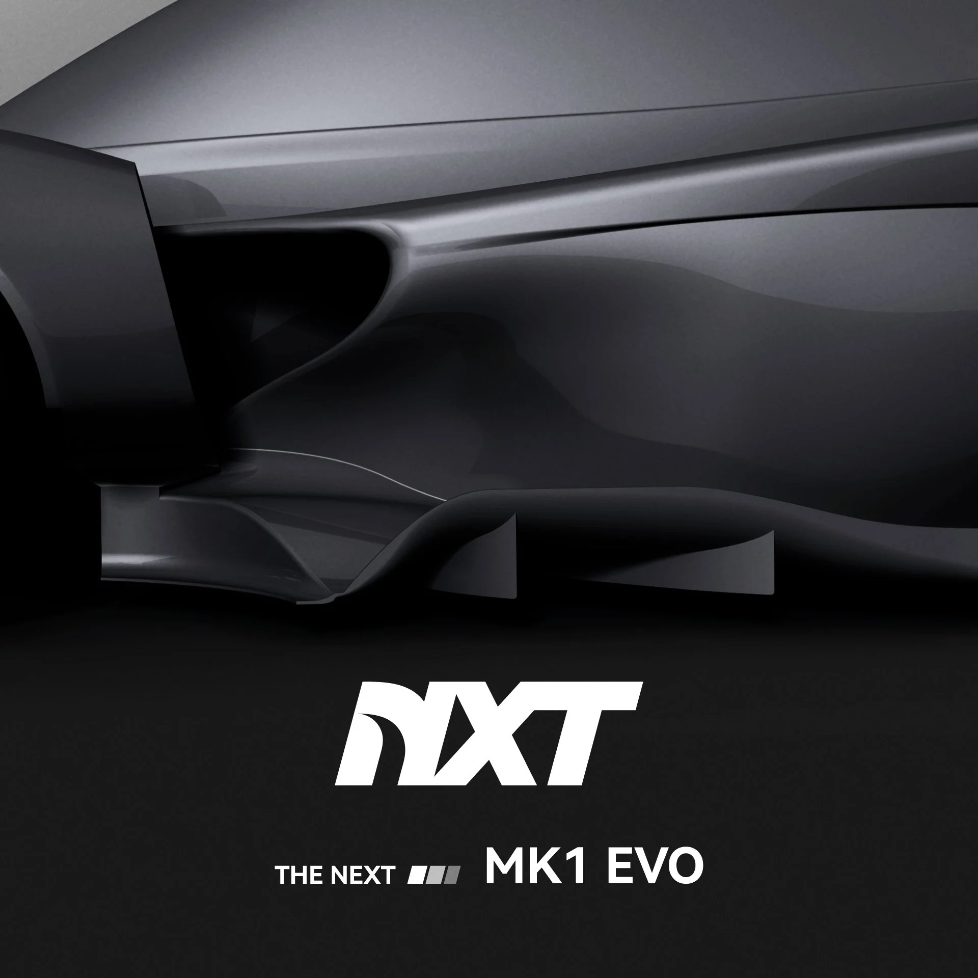 Close-up of a sleek, metallic gray car surface with text overlay that reads 'THE NEXT', 'MK1 EVO' and 'MK1 EVO' with a black background.