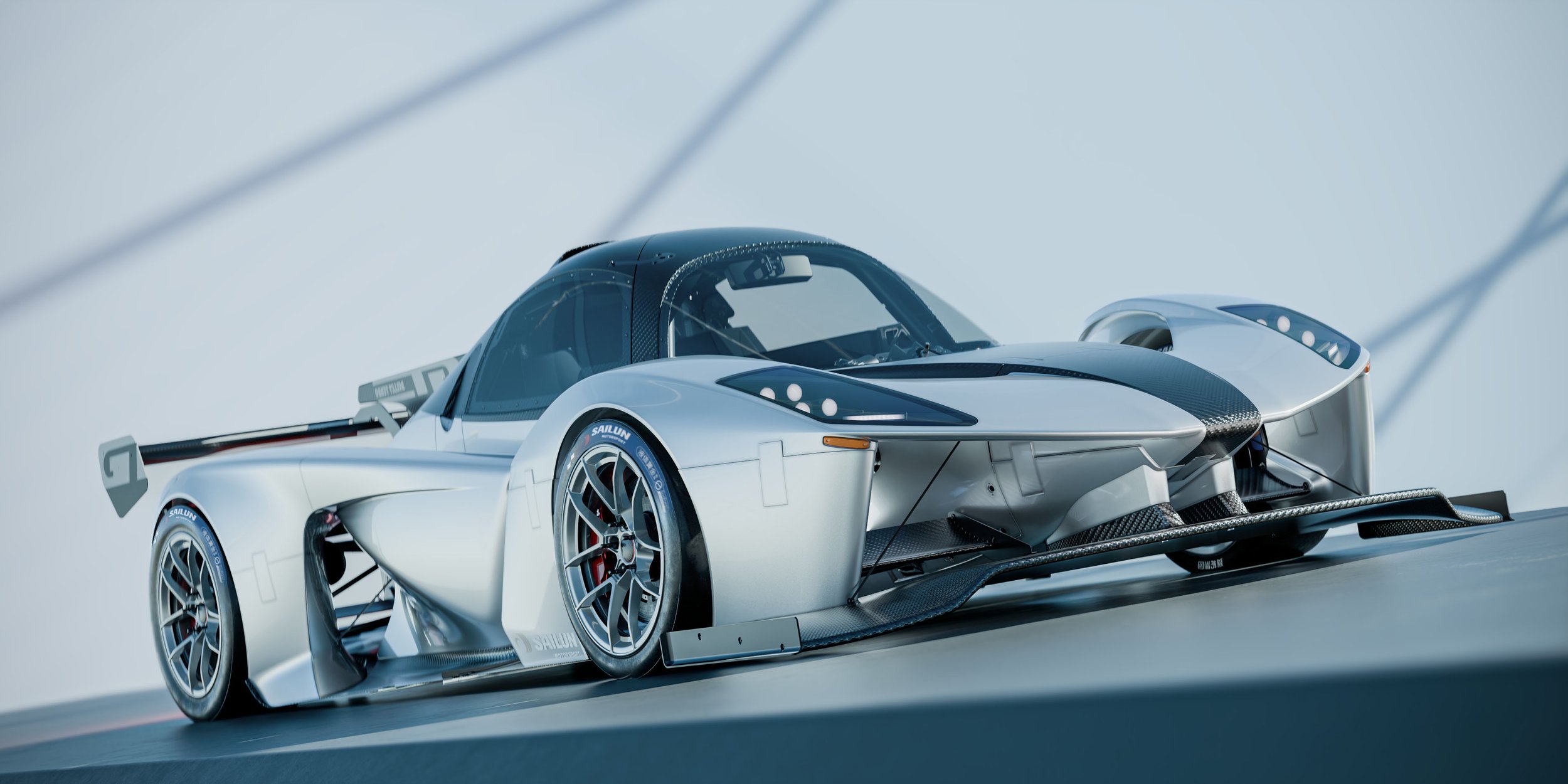 A sleek, silver race car with a black stripe down the center, detailed aerodynamic features, a large rear wing, and racing wheels, set against a minimalist, light background.
