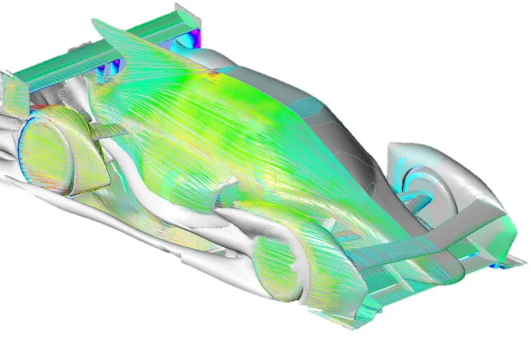 Computer-aided design model of a race car showing airflow and aerodynamics.